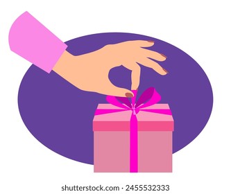 Christmas present. A woman's hand unties a gift box using a decorative ribbon. Theme of holiday, gifts, birthday. Minimalist style image. Vector illustration.