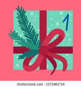 Christmas present in wrapping paper flat vector illustration. Festive gift box with fir tree branch