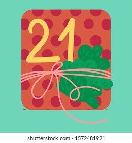 Christmas present in wrapping paper flat vector illustration. Festive gift box with coniferous cones