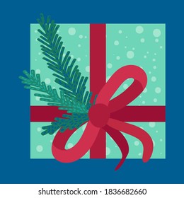 Christmas present in wrapping paper flat vector illustration. Festive gift box with fir tree branch