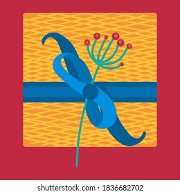 Navidad presente en el envoltorio de papel ilustración vectorial plana. Caja de regalo festiva con sucursal de coníferas o invierno con bayas rojas