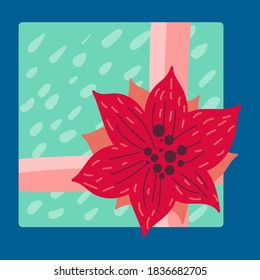 Christmas present in wrapping paper flat vector illustration. Festive gift box with Poinsettia or Christmas star flower