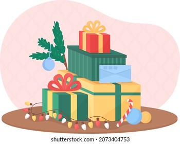 Christmas presents 2D vector isolated illustration. Festive season tradition. Winter holidays gifts flat composition on cartoon background. Wrapped boxes with ribbons and bows colourful scene