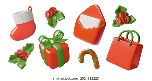 Christmas presents 3d icons set. Stocking, gift box, shopping bag, mail, candy cane and holly berry decorations. 