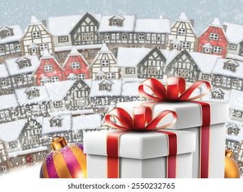 Regalos de Navidad en el contexto de casas cubiertas de nieve