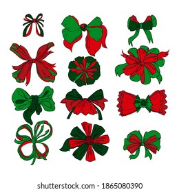 Christmas presents bows set in different styles. Isolated on white background. Hand drawn vector illustration