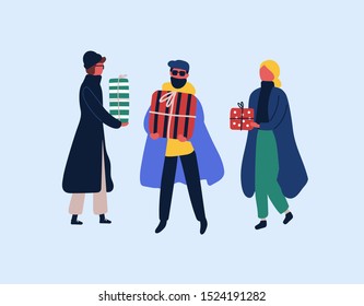 Christmas presents buying flat vector illustration. Winter season holidays preparation. People choosing New Year surprises isolated design element. Male, female characters holding festive gift boxes.