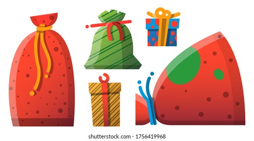 Christmas presents cartoon icons, objects collection. Happy New Year set of presents and elements for greeting card or background or wrapping or pattern. Detailed isolated vector illustration.