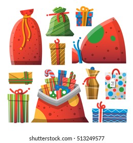 Christmas presents cartoon icons, objects collection. Happy New Year set of presents and elements for greeting card or background or wrapping or pattern. Detailed isolated vector illustration.