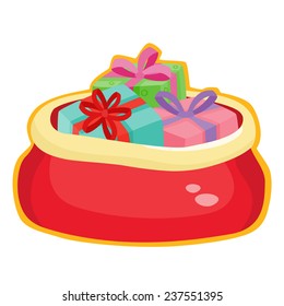 Christmas presents collection. Vector illustration of cartoon gifts in bag isolated on white