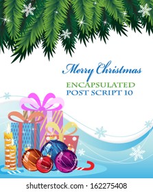 Christmas presents and Christmas decorations on background with ice and fir tree branches
