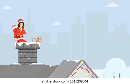 Christmas presents delivery flat illustration. Female Santa Claus in costume climbing into chimney cartoon character. Winter holidays mood, Xmas spirit, New Year surprise, children gifts bag