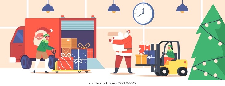 Christmas Presents Delivery Service. Santa Claus and Elves Helpers Loading Gifts in Truck by Forklift and Manual Trolley. Noel Character Read List and Load Presents. Cartoon People Vector Illustration