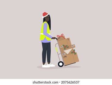 Christmas presents delivery, a young female African storage worker wearing a high visibility yellow vest and a red Santa hat