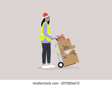 Christmas presents delivery, a young female Asian storage worker wearing a high visibility yellow vest and a red Santa hat