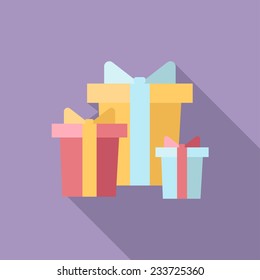 Christmas presents in different colorful boxes icon with long shadow. Vector illustration minimal flat design. 