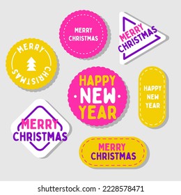 For christmas presents. Different shaped labels with text. Happy new year vector set. Modern style, yellow purple pink color