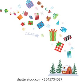 Regalos de Navidad cayendo del cielo a la casa
