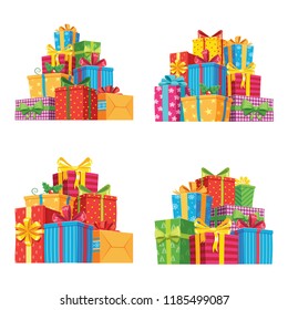 Christmas presents in gift boxes. Birthday present box, xmas or wedding anniversary, valentine gifts pile with ribbon. Holiday greeting isolated vector icons illustration set