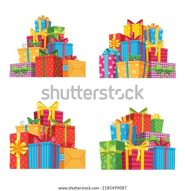 ギフトボックスにクリスマスプレゼントを入れる バースデープレゼント ボックス クリスマス 結婚記念 バレンタインギフトの山にリボンが積み上がりました 祝日のあいさつ文のベクター画像アイコンイラストセット のベクター画像 素材 ロイヤリティフリー 1185499087