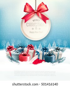 Christmas presents with a gift card and a ribbon. Vector.