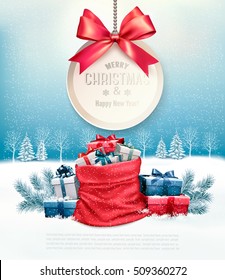 Christmas presents with a gift card and a sack full of gift boxes. Vector.