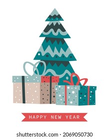 Christmas presents and gifts in boxes under pine tree. Happy new year celebration and traditions. Xmas postcards, cards with greetings for winter joy holidays. Vector in flat style illustration
