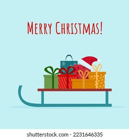 Christmas presents gifts on sledge. Holiday greeting card, banner, invitation
