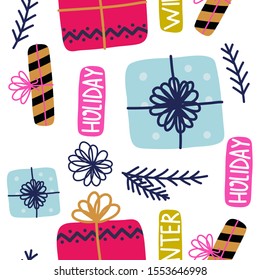Christmas presents and gifts pattern background. Ideal for wrapping paper, poster, advert, apparel, cloth. 