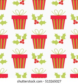 Christmas presents and holly pattern. Vector illustration