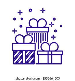 Christmas presents icon. Set of wrapped gift boxes with bow. Striped wrapping paper. Sparkle and pixie dust. Winter holidays symbol. Blue linear flat graphic vector illustration on white background.