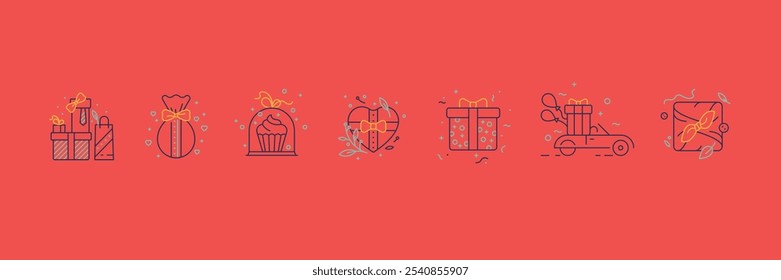 Christmas presents icons set isolated on Red background. Vector linear minimal signs. Japanese wrapping, box gifts, knot, ribbon, New Year symbols, Holidays shopping, delivery emblems, gift cake