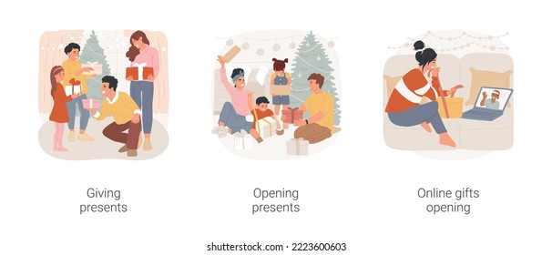 Christmas presents isolated cartoon vector illustration set. Happy family sharing Christmas gifts, excited relatives opening presents, online unpacking, video call, xmas tradition vector cartoon.