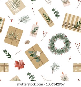Christmas presents in kraft paper with twine ribbon and wreaths. Rustic gift box. Eco decoration, eucalyptus and spruce. Xmas and New 2021 Year celebration preparation. Vector flat seamless pattern