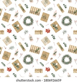 Christmas presents in kraft paper with twine ribbon and wreaths. Rustic gift box. Eco decoration, eucalyptus and spruce. Xmas and New 2021 Year celebration preparation. Vector flat seamless pattern