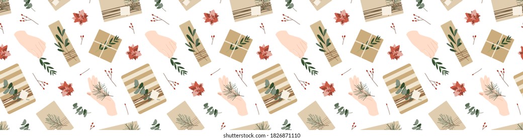 Christmas presents in kraft paper with twine ribbon and hands. Rustic gift box. Eco decoration, eucalyptus, spruce, poinsettia. Xmas and New 2021 Year celebration preparation. Vector seamless pattern