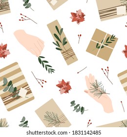 Christmas presents in kraft paper with twine ribbon and hands. Rustic gift box. Eco decoration, eucalyptus, spruce, poinsettia. Xmas and New 2021 Year celebration preparation. Vector seamless pattern