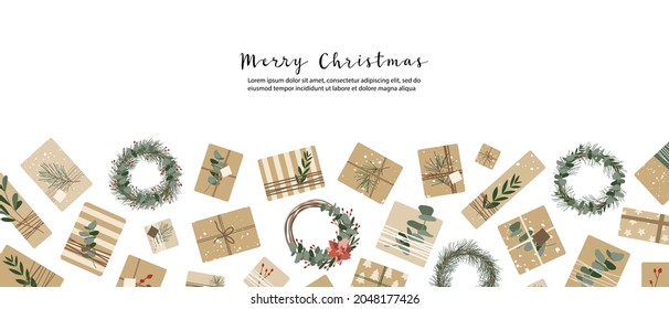 Christmas presents in kraft paper, wreaths. Rustic craft gift box. Eco decoration, eucalyptus, spruce. Xmas and New 2022 Year celebration preparation. Vector flat cartoon illustration, winter banner