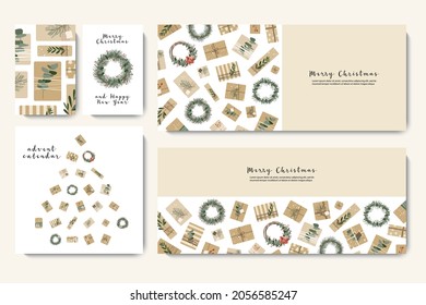 Christmas presents in kraft paper, wreaths. Rustic craft gift box. Eco decoration, eucalyptus, spruce. Xmas and New 2022 Year celebration. Vector flat cartoon illustration, winter banner, card, flyer