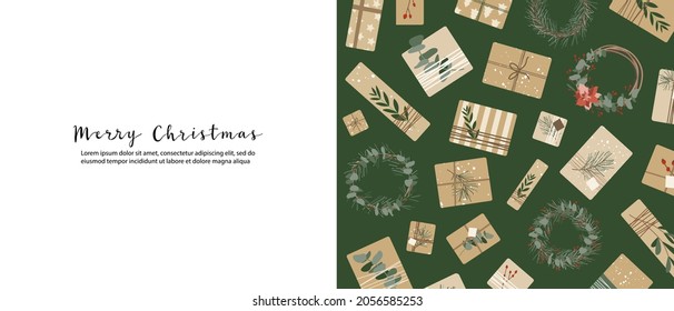 Christmas presents in kraft paper, wreaths. Rustic craft gift box. Eco decoration, eucalyptus, spruce. Xmas and New 2022 Year celebration. Vector flat cartoon illustration, winter banner, card, flyer