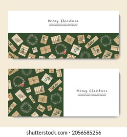 Christmas presents in kraft paper, wreaths. Rustic craft gift box. Eco decoration, eucalyptus, spruce. Xmas and New 2022 Year celebration. Vector flat cartoon illustration, winter banner, card, flyer