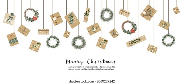 Christmas presents in kraft paper, wreaths. Rustic craft gift box. Eco decoration, eucalyptus, spruce. Xmas and New 2022 Year celebration. Vector flat cartoon illustration, winter banner, card, flyer