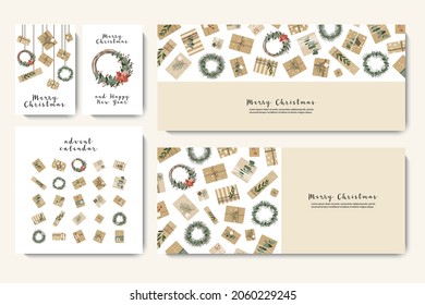 Christmas presents in kraft paper, wreaths. Rustic craft gift box. Eco decoration, eucalyptus, spruce. Xmas and New 2022 Year celebration. Vector flat cartoon illustration, winter banner, card, flyer