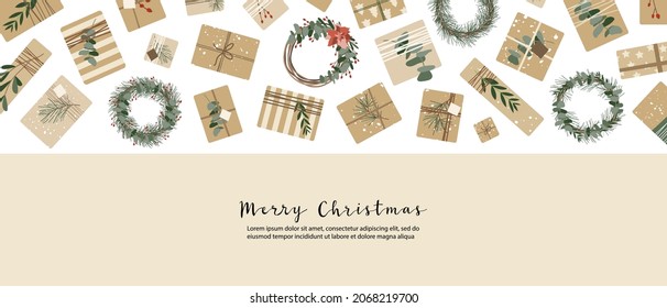 Christmas presents in kraft paper, wreaths. Rustic craft gift box. Eco decoration, eucalyptus, spruce. Xmas and New 2022 Year celebration. Vector flat cartoon illustration, winter banner, card, flyer