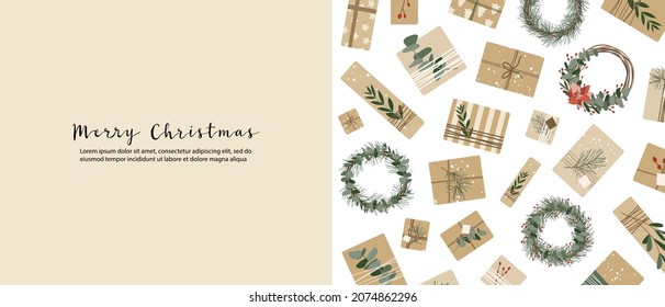 Christmas presents in kraft paper, wreaths. Rustic craft gift box. Eco decoration, eucalyptus, spruce. Xmas and New 2022 Year celebration. Vector flat cartoon illustration, winter banner, card, flyer