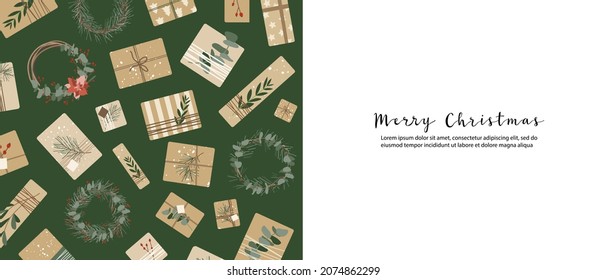 Christmas presents in kraft paper, wreaths. Rustic craft gift box. Eco decoration, eucalyptus, spruce. Xmas and New 2022 Year celebration. Vector flat cartoon illustration, winter banner, card, flyer