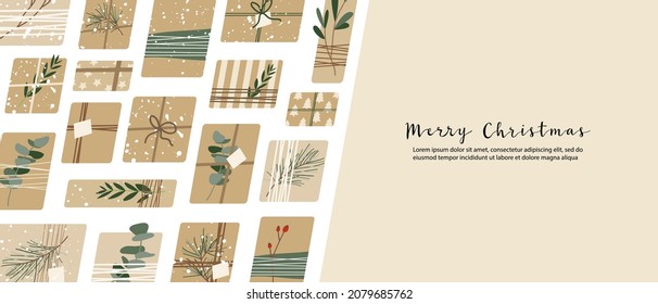 Christmas presents in kraft paper, wreaths. Rustic craft gift box. Eco decoration, eucalyptus, spruce. Xmas and New 2022 Year celebration. Vector flat cartoon illustration, winter banner, card, flyer