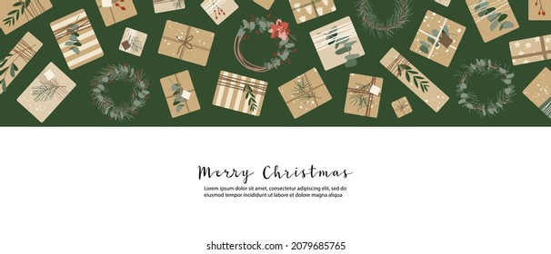 Christmas presents in kraft paper, wreaths. Rustic craft gift box. Eco decoration, eucalyptus, spruce. Xmas and New 2022 Year celebration. Vector flat cartoon illustration, winter banner, card, flyer