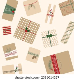 Christmas presents in kraft paper, wreaths. Rustic craft gift box. Eco decoration. pine Xmas celebration. Vector flat cartoon illustration, winter banner, card, flyer