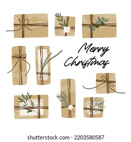 Christmas presents in kraft wrapping paper. Rustic craft gift box. Handmade decoration, DIY. Xmas and New Year celebration. Vector flat cartoon illustration